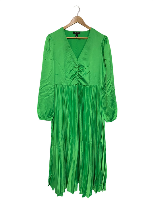 NEW LOOK |L| BUST 21| A69|  BRIGHT GREEN SATIN RUCHED PLEATED MIDI DRESS