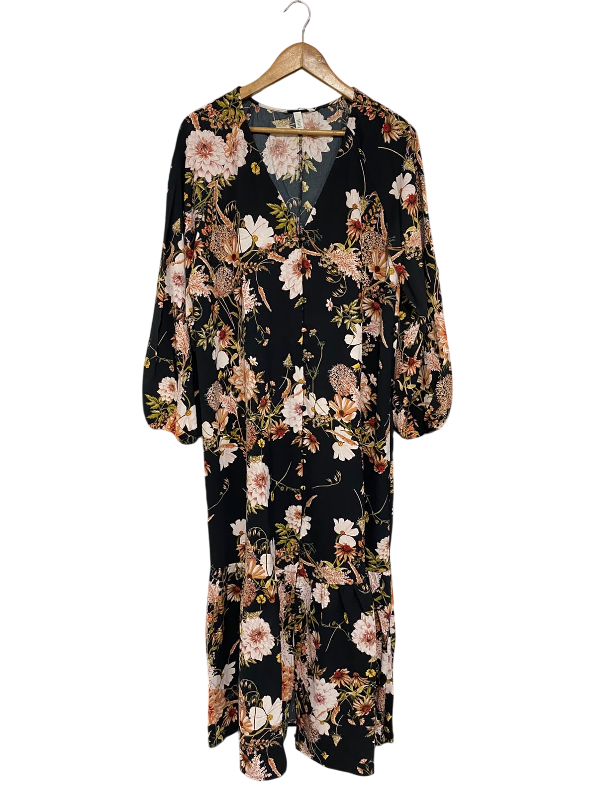 H&M |M| BUST 23| A69| BLACK FLORAL PRINT V-NECK BUTTON-FRONT MIDI DRESS