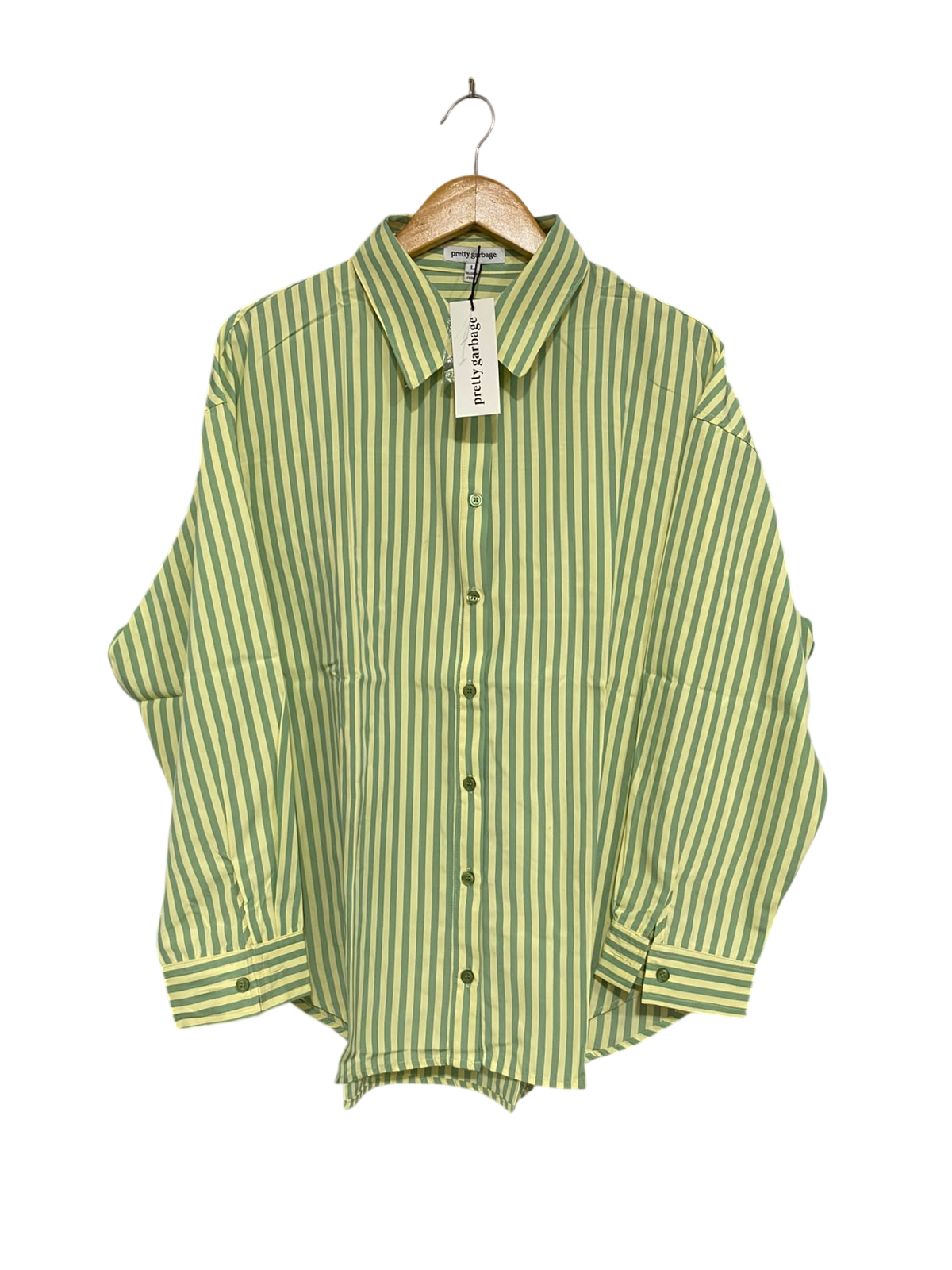 PRETTY GARBAGE |L| BUST 26| A69|  LIME & SAGE STRIPED OVERSIZED BUTTON-DOWN SHIRT