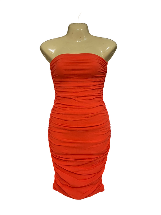 KIKIRIKI |M| BUST 15| A69| ORANGE STRAPLESS RUCHED BODYCON MINI DRESS