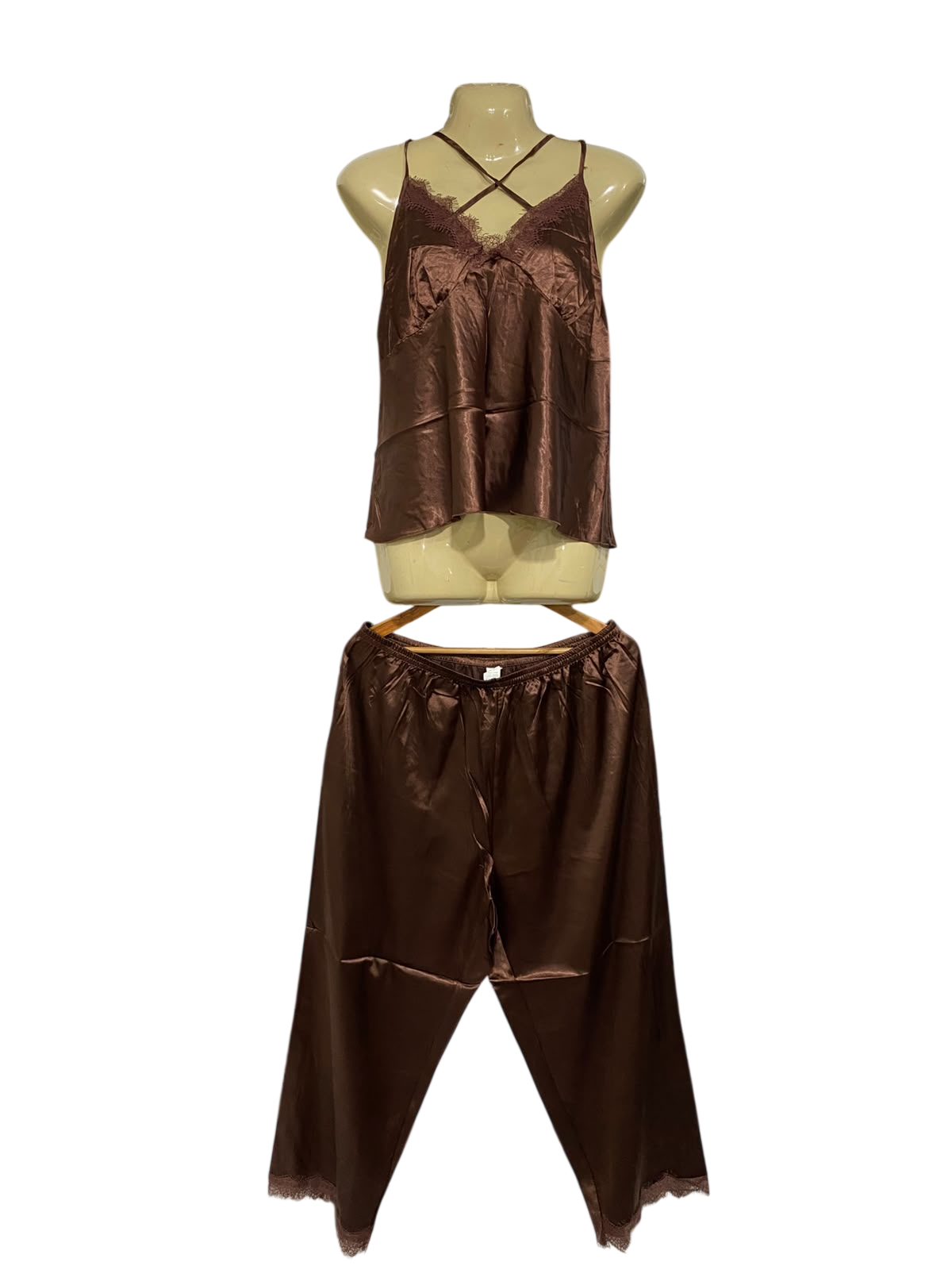 |XL| A69| BROWN SATIN LACE-TRIMMED CAMI & TROUSER NIGHTWEAR SET