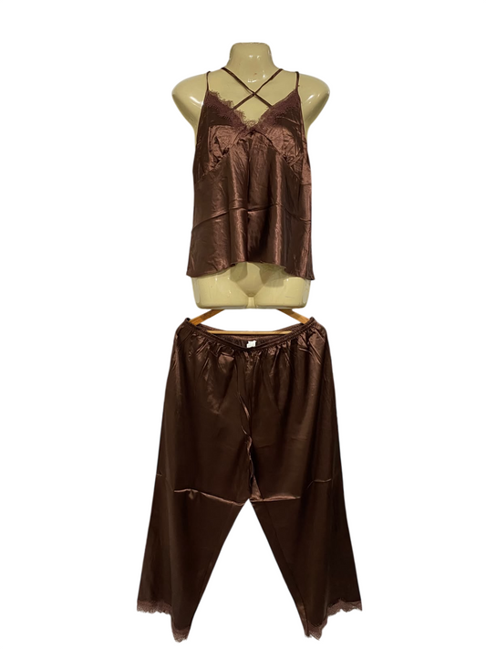 |XL| A69| BROWN SATIN LACE-TRIMMED CAMI & TROUSER NIGHTWEAR SET