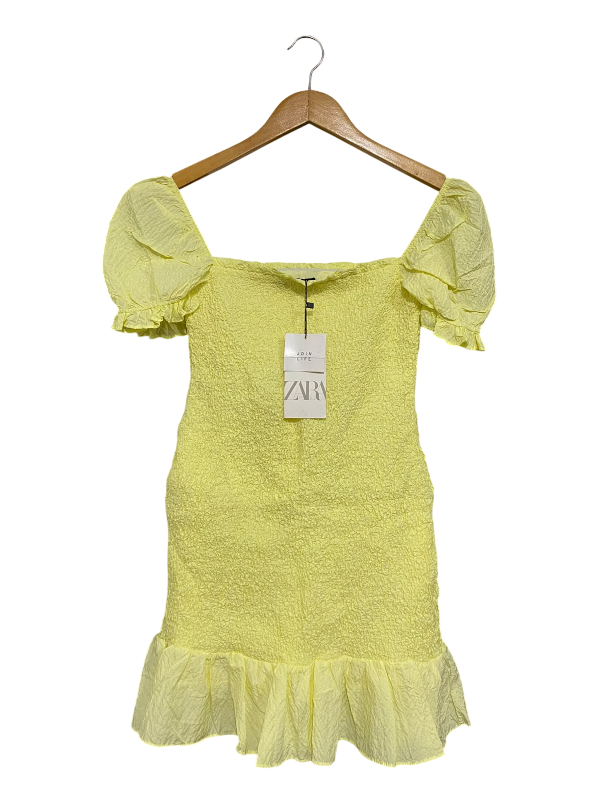 ZARA |M| BUST 13| A69| LEMON YELLOW TEXTURED PUFF-SLEEVE MINI DRESS