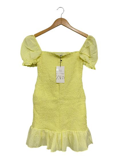 ZARA |M| BUST 13| A69| LEMON YELLOW TEXTURED PUFF-SLEEVE MINI DRESS