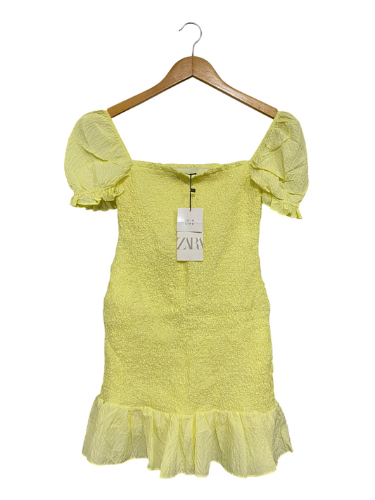 ZARA |M| BUST 13| A69| LEMON YELLOW TEXTURED PUFF-SLEEVE MINI DRESS