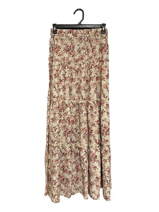 SHEIN |S| WAIST 26| A69| BEIGE & PINK FLORAL TIERED MAXI SKIRT