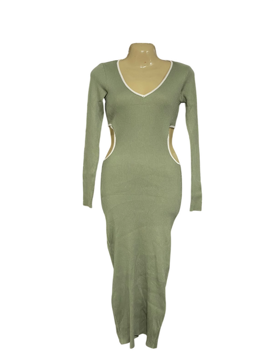 |S| BUST 15| A70| SAGE GREEN CUT-OUT RIBBED MAXI DRESS