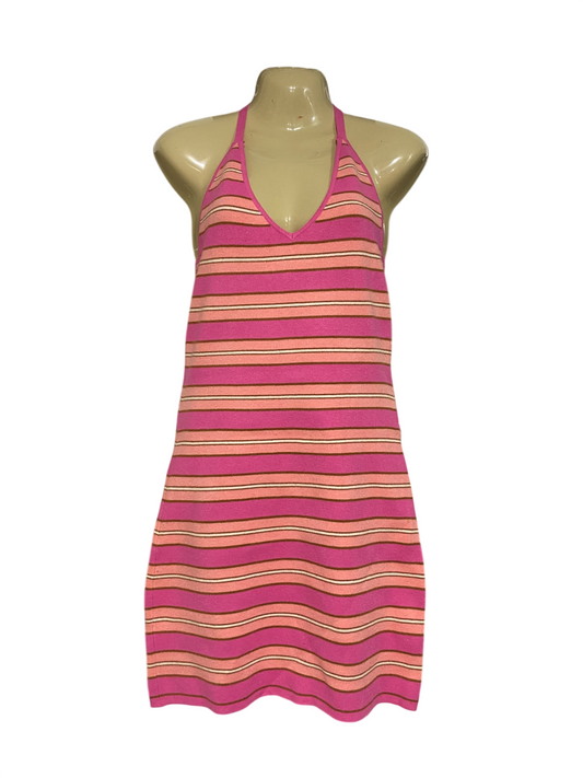 COTTON ON |XL| BUST 16| A70| PINK STRIPED HALTERNECK KNIT MINI DRESS