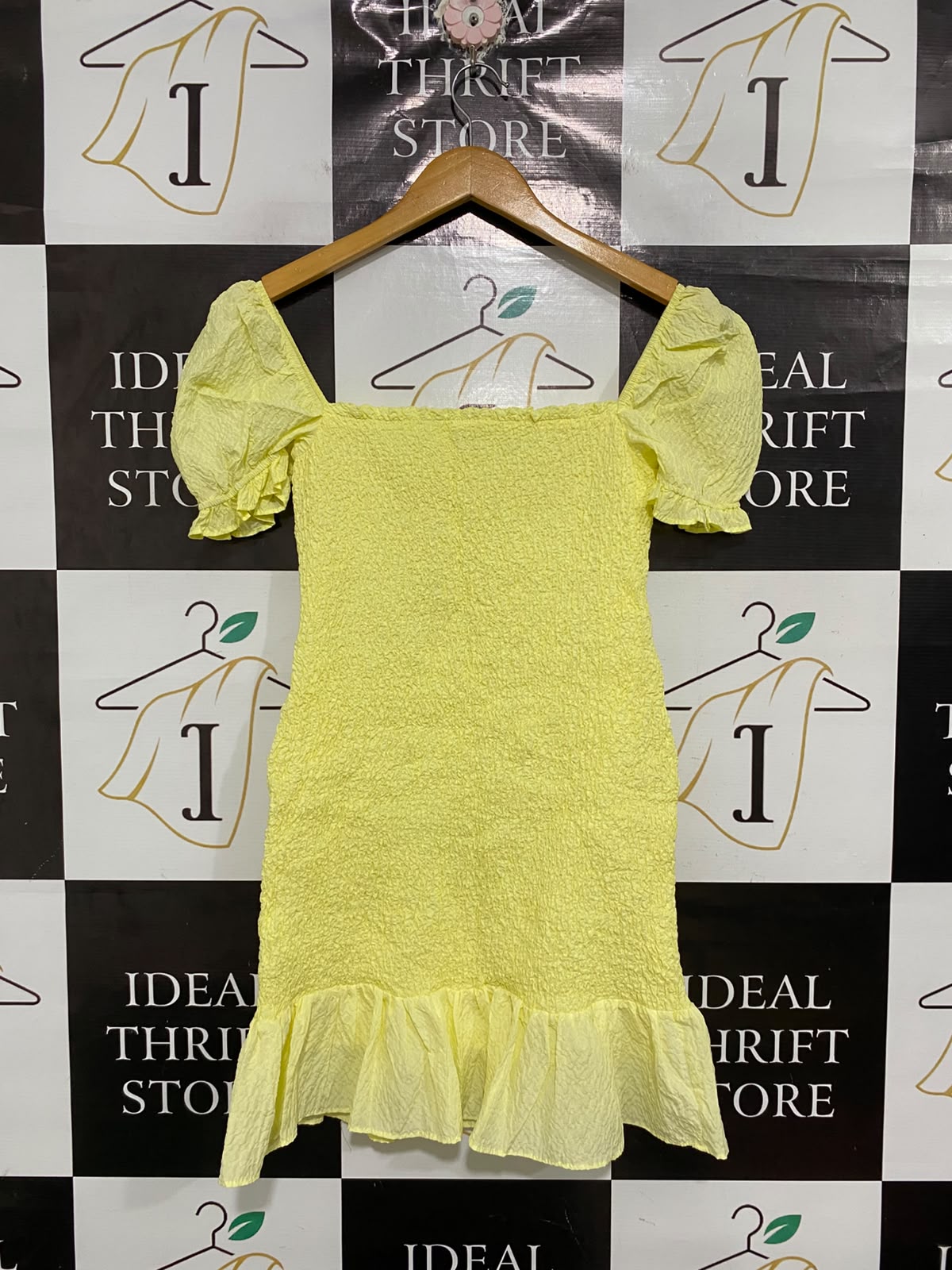 ZARA |M| BUST 13| A69| LEMON YELLOW TEXTURED PUFF-SLEEVE MINI DRESS