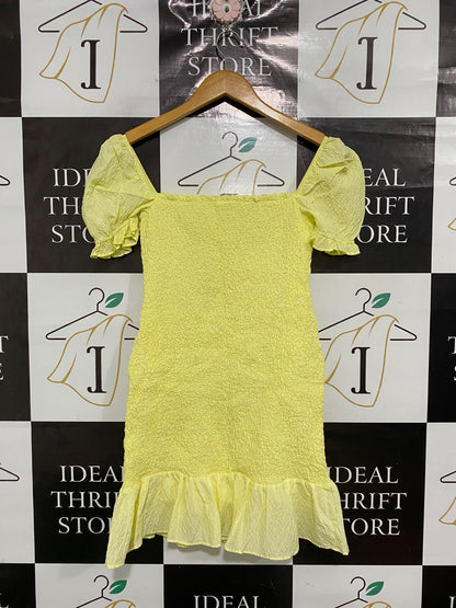 ZARA |M| BUST 13| A69| LEMON YELLOW TEXTURED PUFF-SLEEVE MINI DRESS