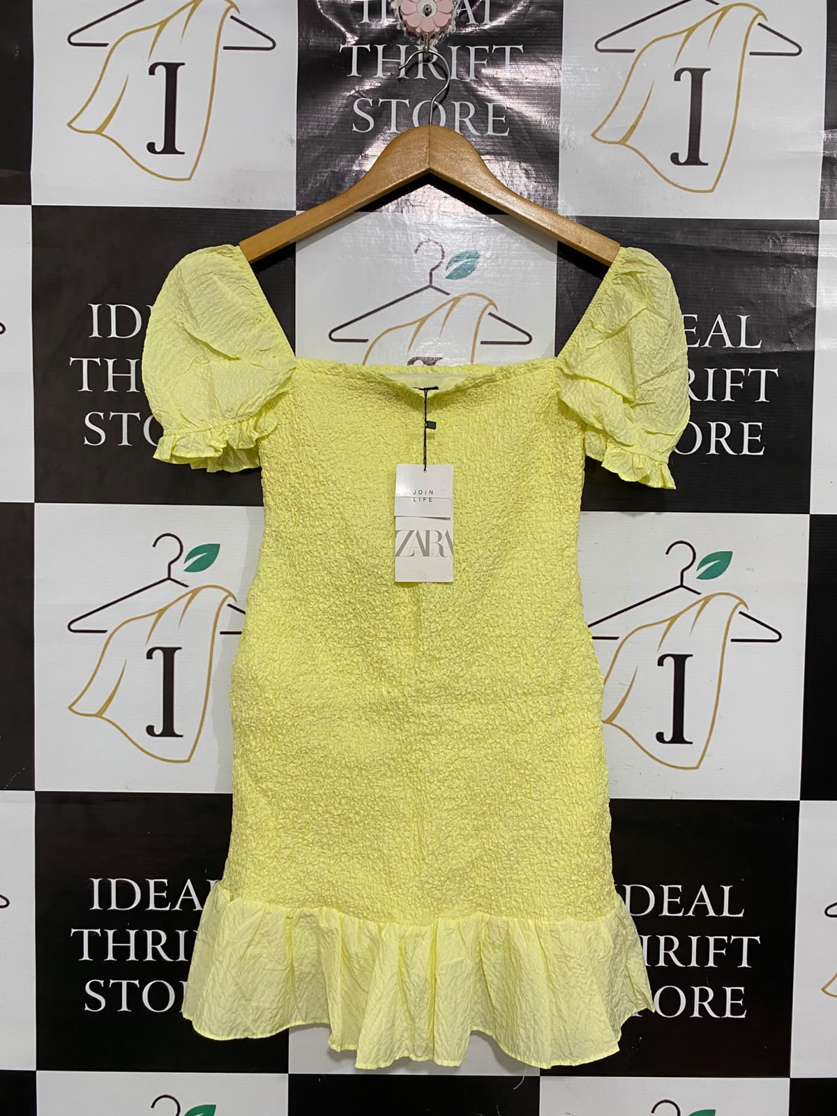 ZARA |M| BUST 13| A69| LEMON YELLOW TEXTURED PUFF-SLEEVE MINI DRESS