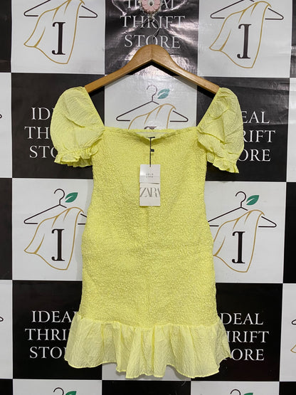 ZARA |M| BUST 13| A69| LEMON YELLOW TEXTURED PUFF-SLEEVE MINI DRESS