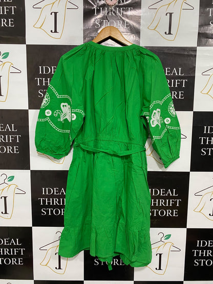 F&F |M| BUST 20| A69| EMERALD GREEN EMBROIDERED TIE-WAIST MINI DRESS