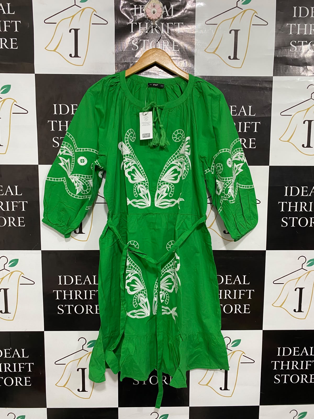 F&F |M| BUST 20| A69| EMERALD GREEN EMBROIDERED TIE-WAIST MINI DRESS