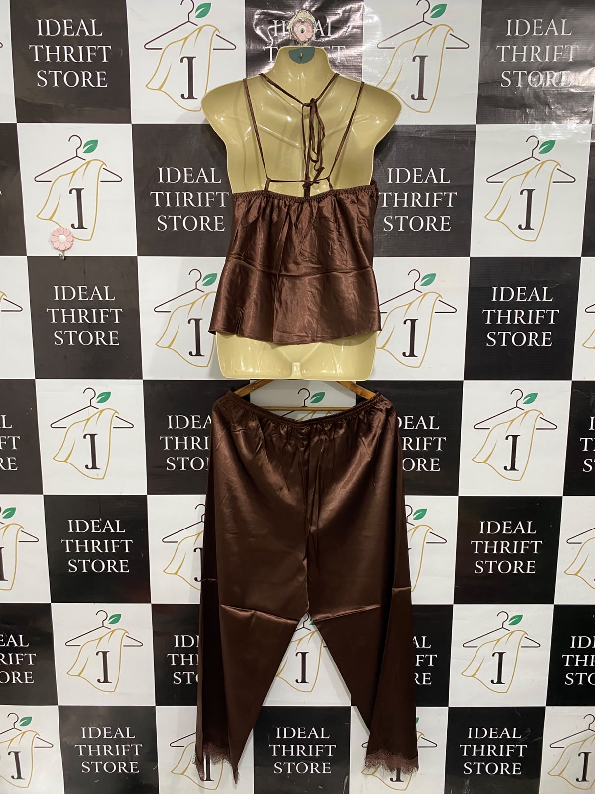 |XL| A69| BROWN SATIN LACE-TRIMMED CAMI & TROUSER NIGHTWEAR SET