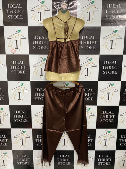 |XL| A69| BROWN SATIN LACE-TRIMMED CAMI & TROUSER NIGHTWEAR SET