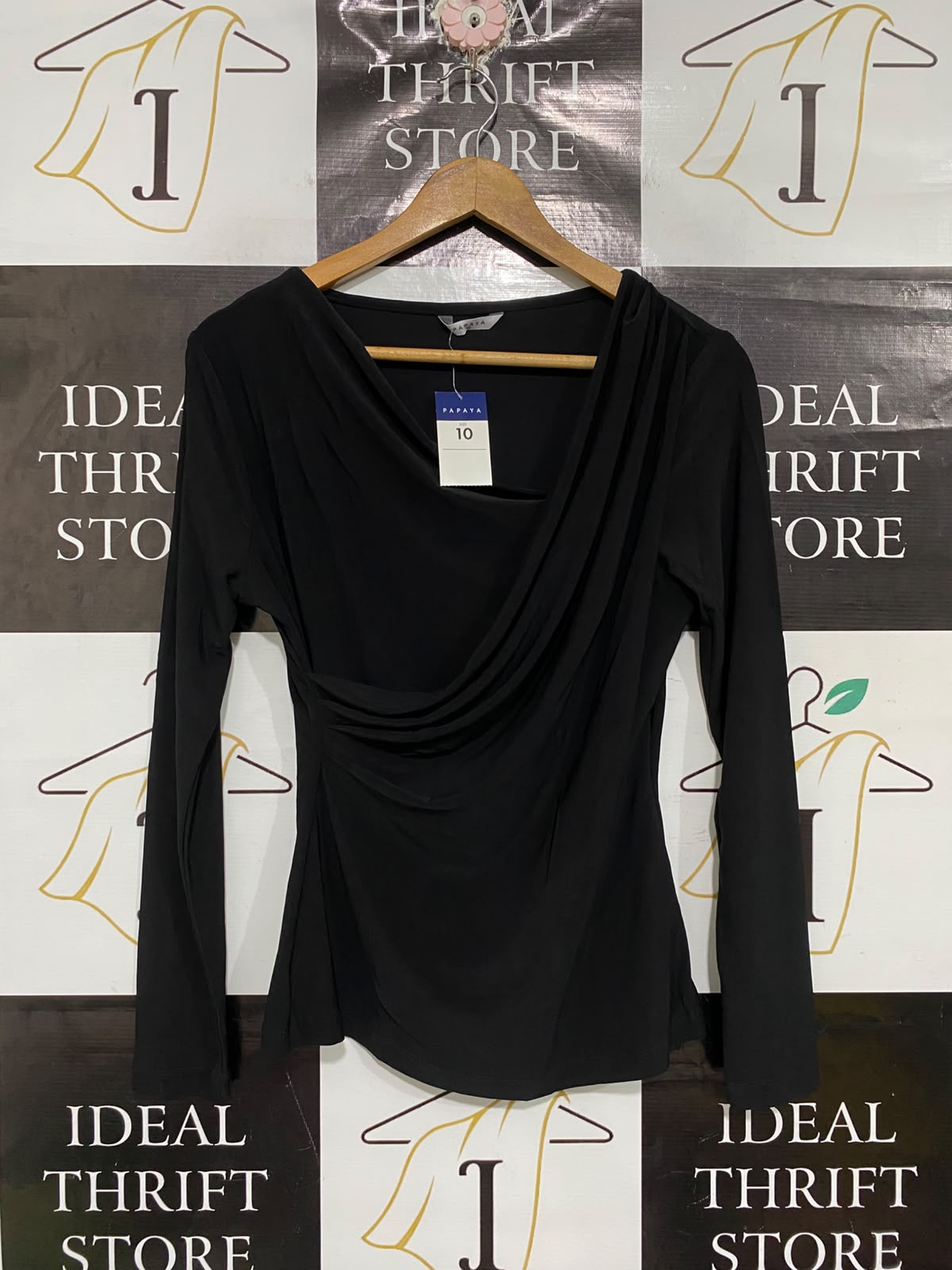 PAPAYA |M| BUST 17| A69|  BLACK DRAPED COWL-NECK LONG-SLEEVE TOP