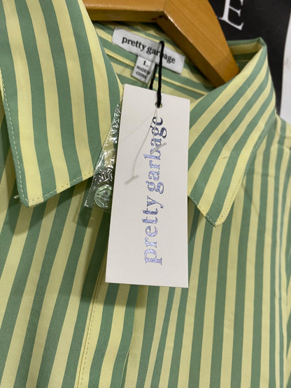 PRETTY GARBAGE |L| BUST 26| A69|  LIME & SAGE STRIPED OVERSIZED BUTTON-DOWN SHIRT