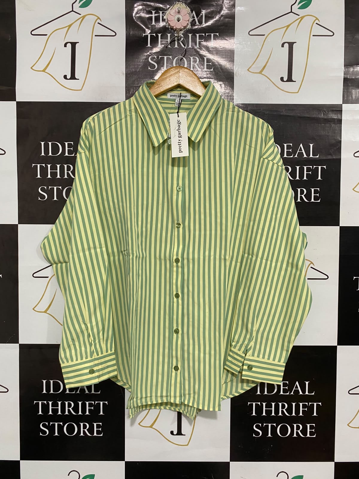 PRETTY GARBAGE |L| BUST 26| A69|  LIME & SAGE STRIPED OVERSIZED BUTTON-DOWN SHIRT