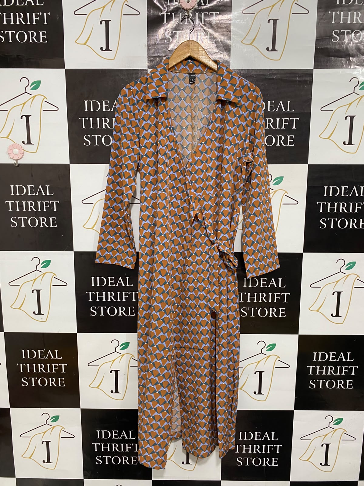 SHEIN |M| BUST 18| A69|  BROWN & BLUE GEOMETRIC PRINT WRAP MIDI DRESS