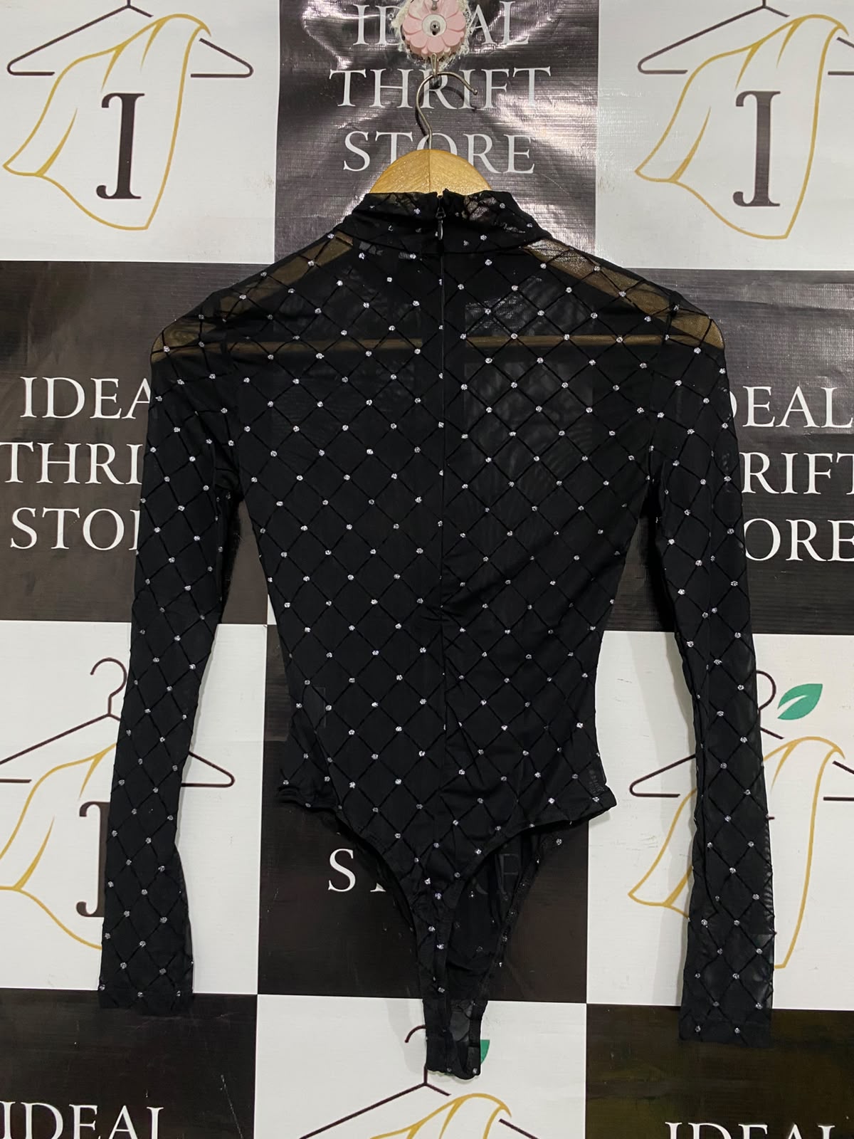 EGO |XS| BUST 14| A69| BLACK RHINESTONE MESH LONG-SLEEVE BODYSUIT
