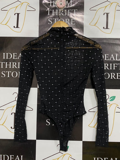 EGO |XS| BUST 14| A69| BLACK RHINESTONE MESH LONG-SLEEVE BODYSUIT