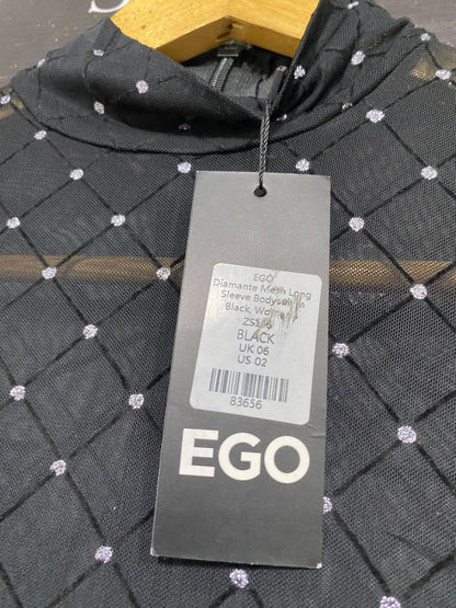 EGO |XS| BUST 14| A69| BLACK RHINESTONE MESH LONG-SLEEVE BODYSUIT