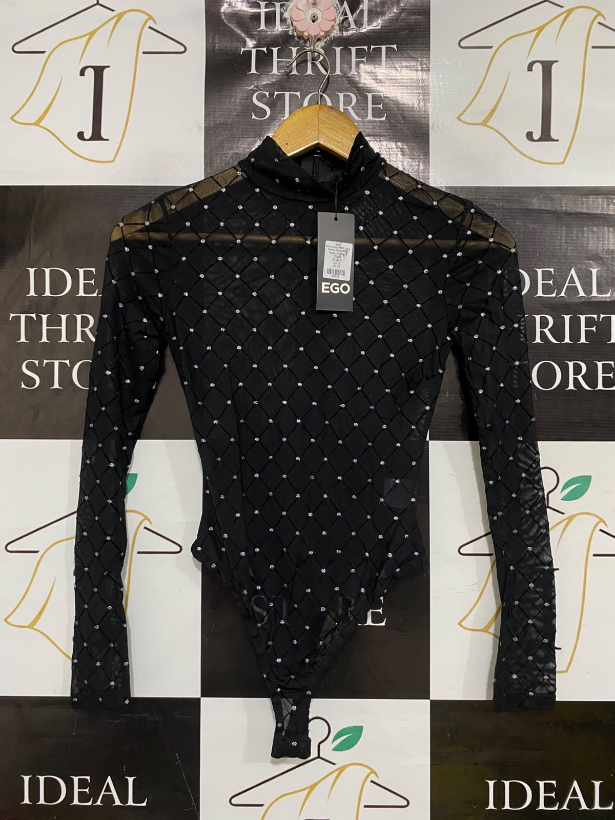 EGO |XS| BUST 14| A69| BLACK RHINESTONE MESH LONG-SLEEVE BODYSUIT
