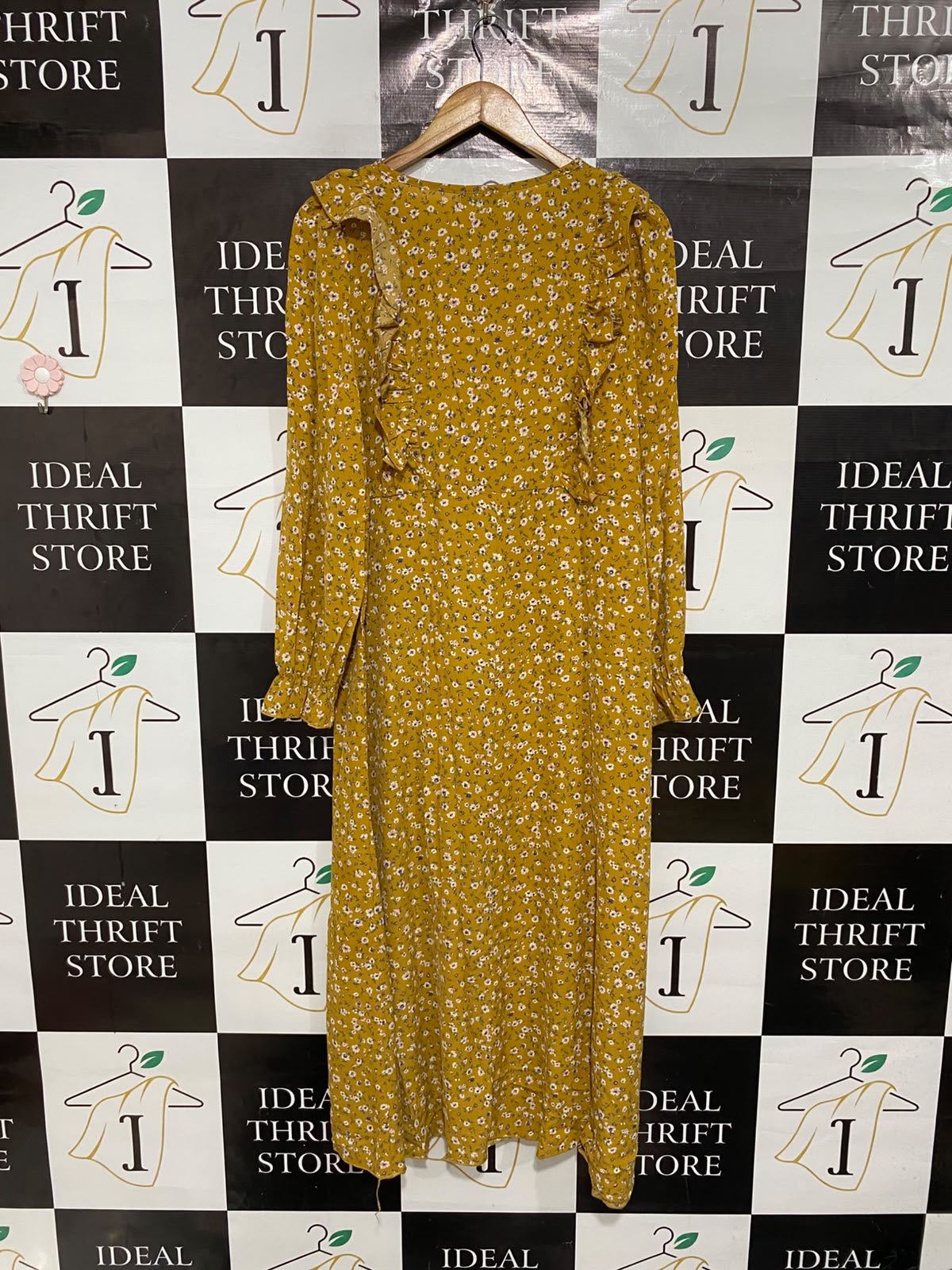 SHEIN |M| BUST 19| A69| MUSTARD YELLOW FLORAL RUFFLE-TRIM MIDI DRESS