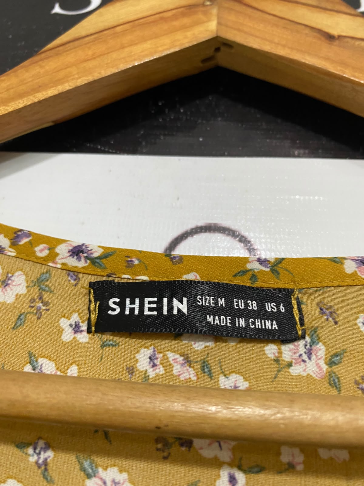 SHEIN |M| BUST 19| A69| MUSTARD YELLOW FLORAL RUFFLE-TRIM MIDI DRESS