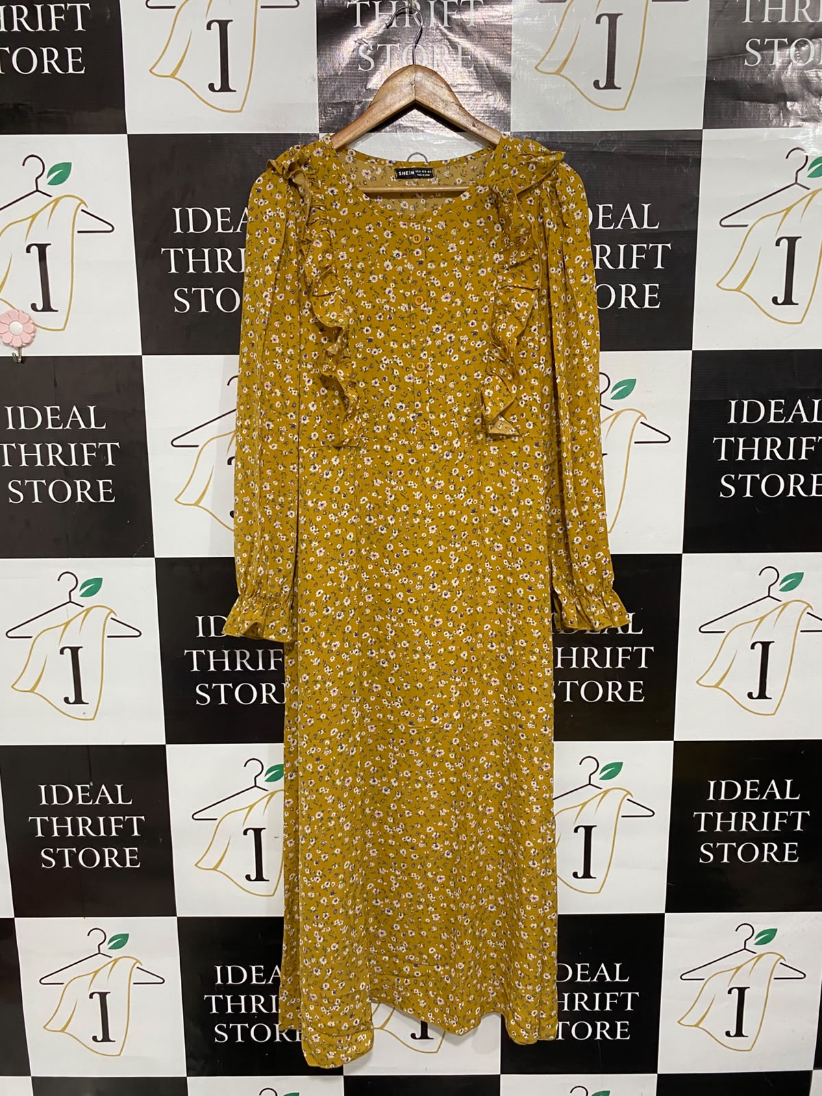 SHEIN |M| BUST 19| A69| MUSTARD YELLOW FLORAL RUFFLE-TRIM MIDI DRESS