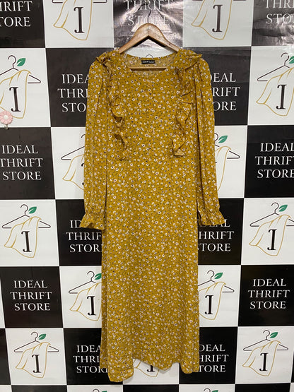 SHEIN |M| BUST 19| A69| MUSTARD YELLOW FLORAL RUFFLE-TRIM MIDI DRESS