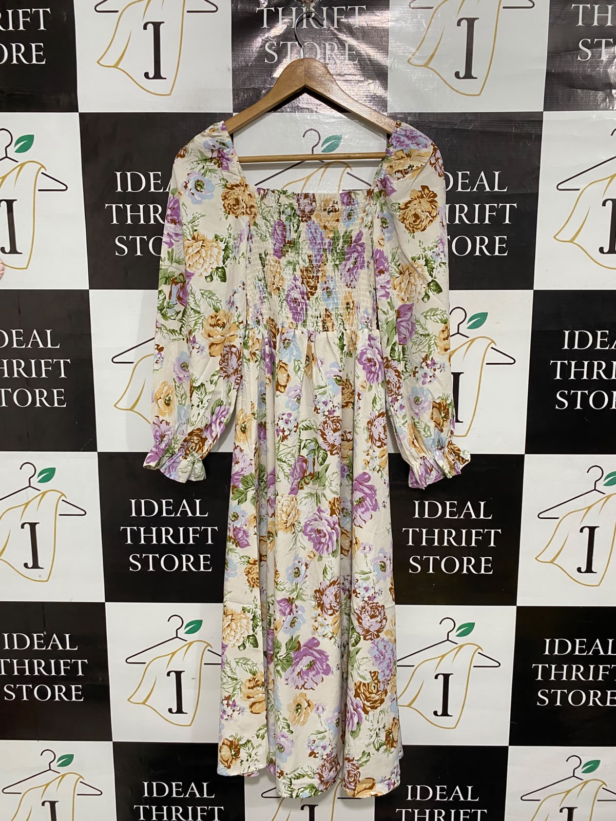 SHEIN |M| BUST 10| A69| CREAM & PASTEL FLORAL SQUARE-NECK SMOCKED MIDI DRESS