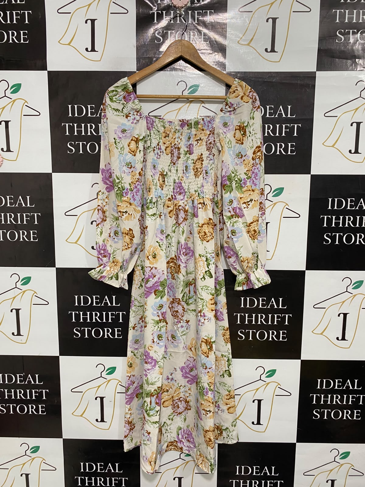 SHEIN |M| BUST 10| A69| CREAM & PASTEL FLORAL SQUARE-NECK SMOCKED MIDI DRESS