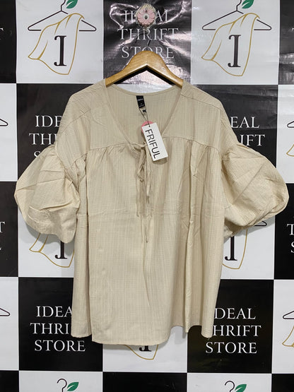 FRIFUL |L| BUST 29| A69| BEIGE TIE-FRONT PUFF-SLEEVE BLOUSE