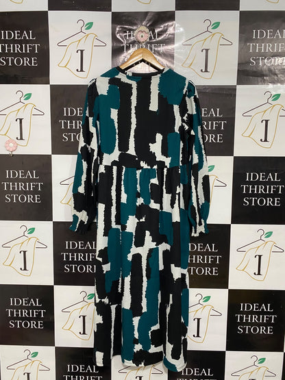 NEW LOOK |L| BUST 21| A69| TEAL, BLACK & WHITE ABSTRACT PRINT SMOCK MIDI DRESS