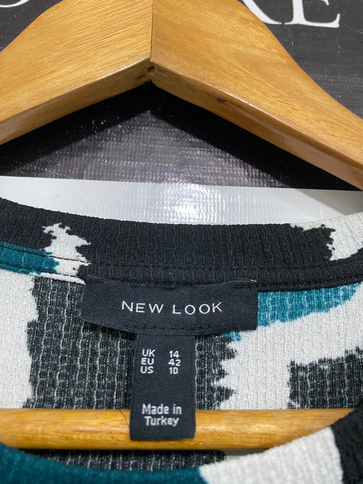 NEW LOOK |L| BUST 21| A69| TEAL, BLACK & WHITE ABSTRACT PRINT SMOCK MIDI DRESS