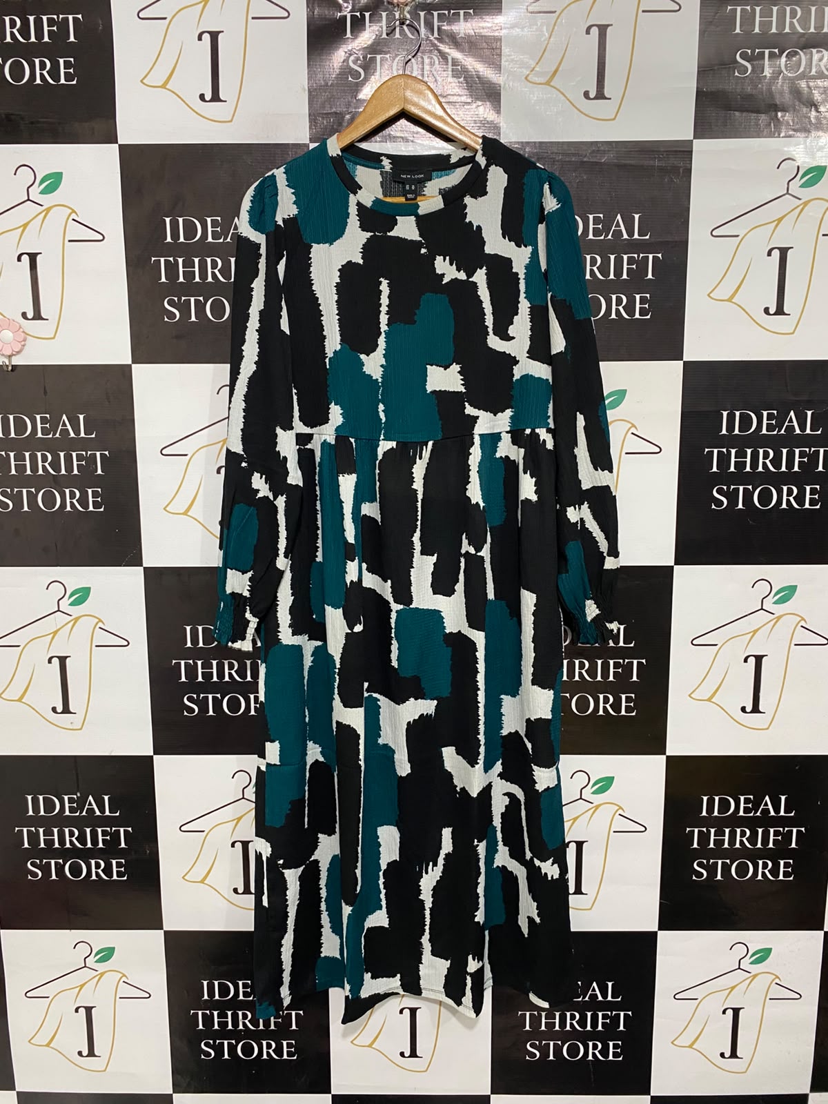 NEW LOOK |L| BUST 21| A69| TEAL, BLACK & WHITE ABSTRACT PRINT SMOCK MIDI DRESS