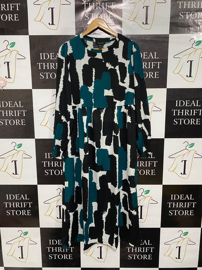 NEW LOOK |L| BUST 21| A69| TEAL, BLACK & WHITE ABSTRACT PRINT SMOCK MIDI DRESS