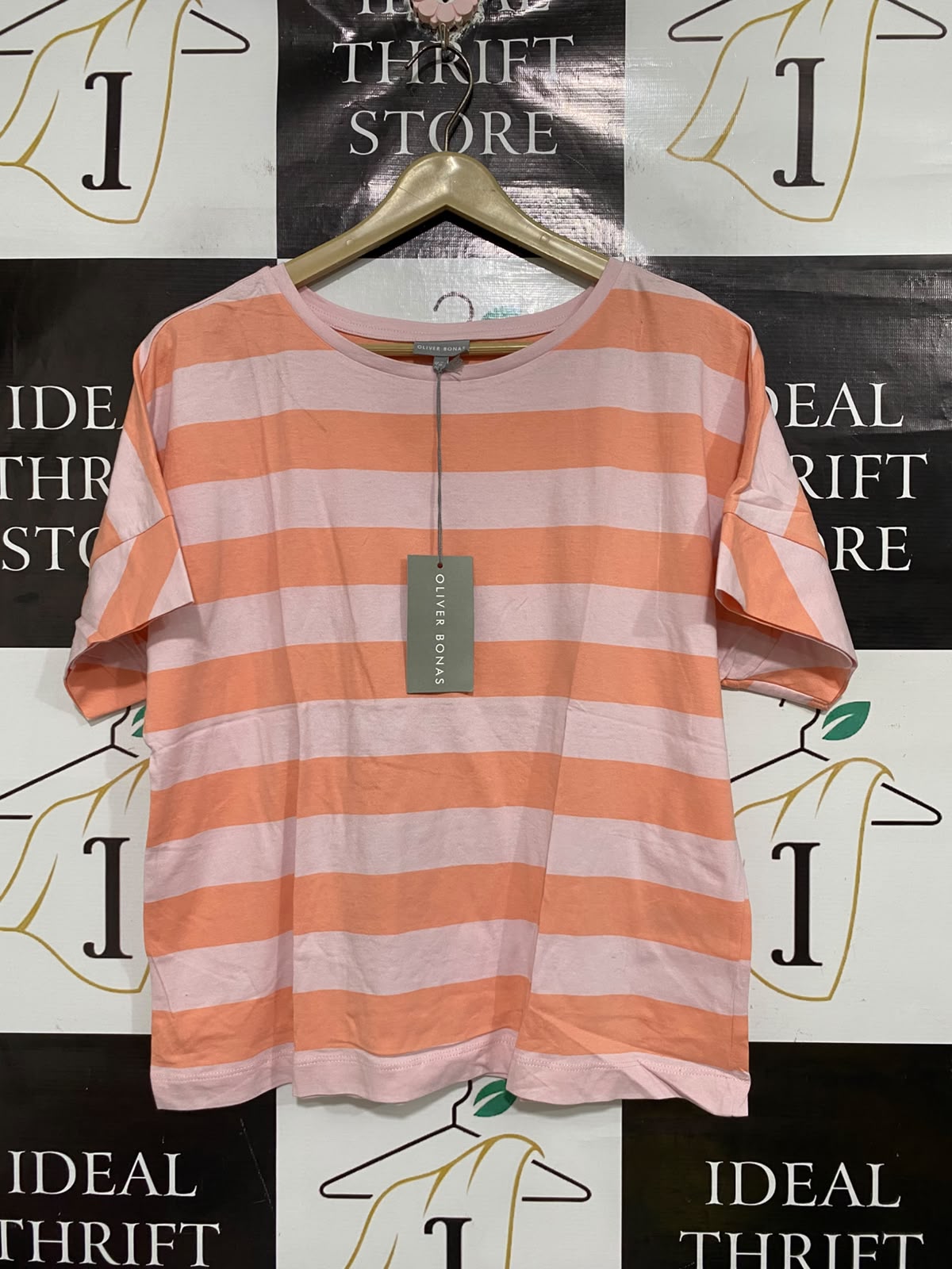 OLIVER BONAS |M| BUST 21| A69|  PEACH & PINK STRIPED RELAXED T-SHIRT