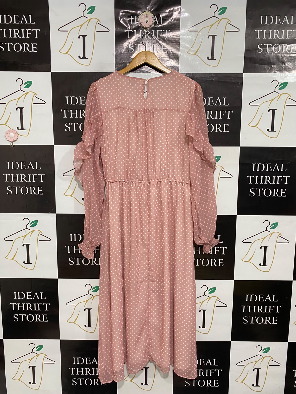 PRINCIPLES |L| BUST 20| A69| DUSTY PINK POLKA DOT RUFFLE MIDI DRESS