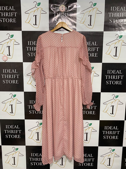 PRINCIPLES |L| BUST 20| A69| DUSTY PINK POLKA DOT RUFFLE MIDI DRESS