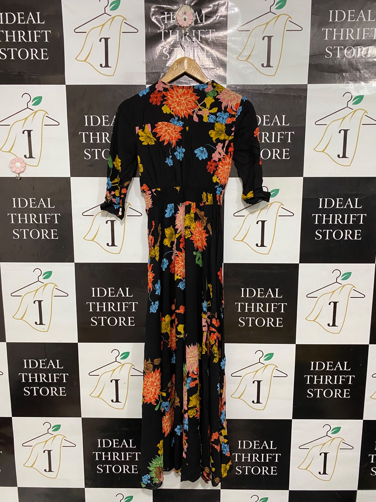 SHEIN |S| BUST 15| A69|  BLACK & MULTICOLOR FLORAL BUTTON-DOWN MIDI DRESS