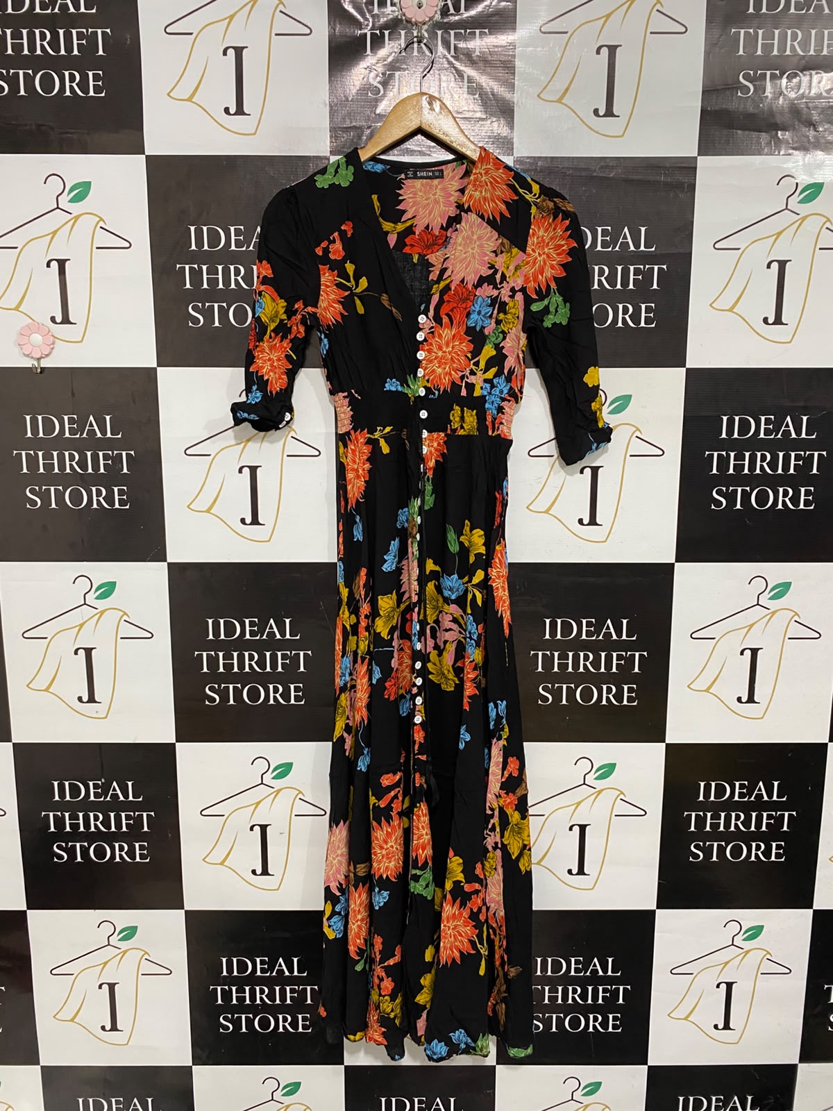 SHEIN |S| BUST 15| A69|  BLACK & MULTICOLOR FLORAL BUTTON-DOWN MIDI DRESS