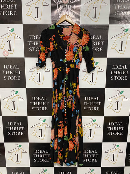 SHEIN |S| BUST 15| A69|  BLACK & MULTICOLOR FLORAL BUTTON-DOWN MIDI DRESS