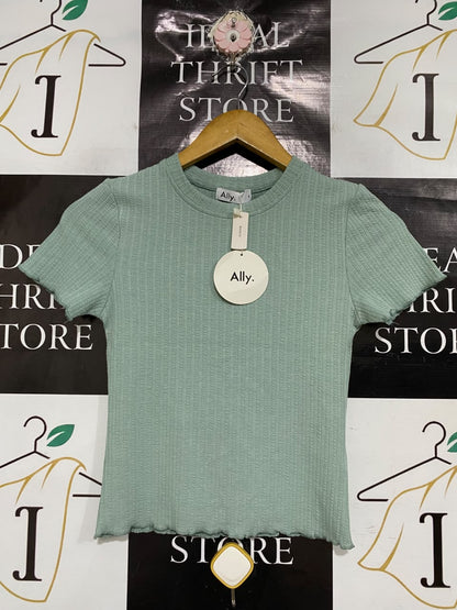 ALLY. |S| BUST 13| A69| SAGE GREEN RIBBED LETTUCE-EDGE T-SHIRT
