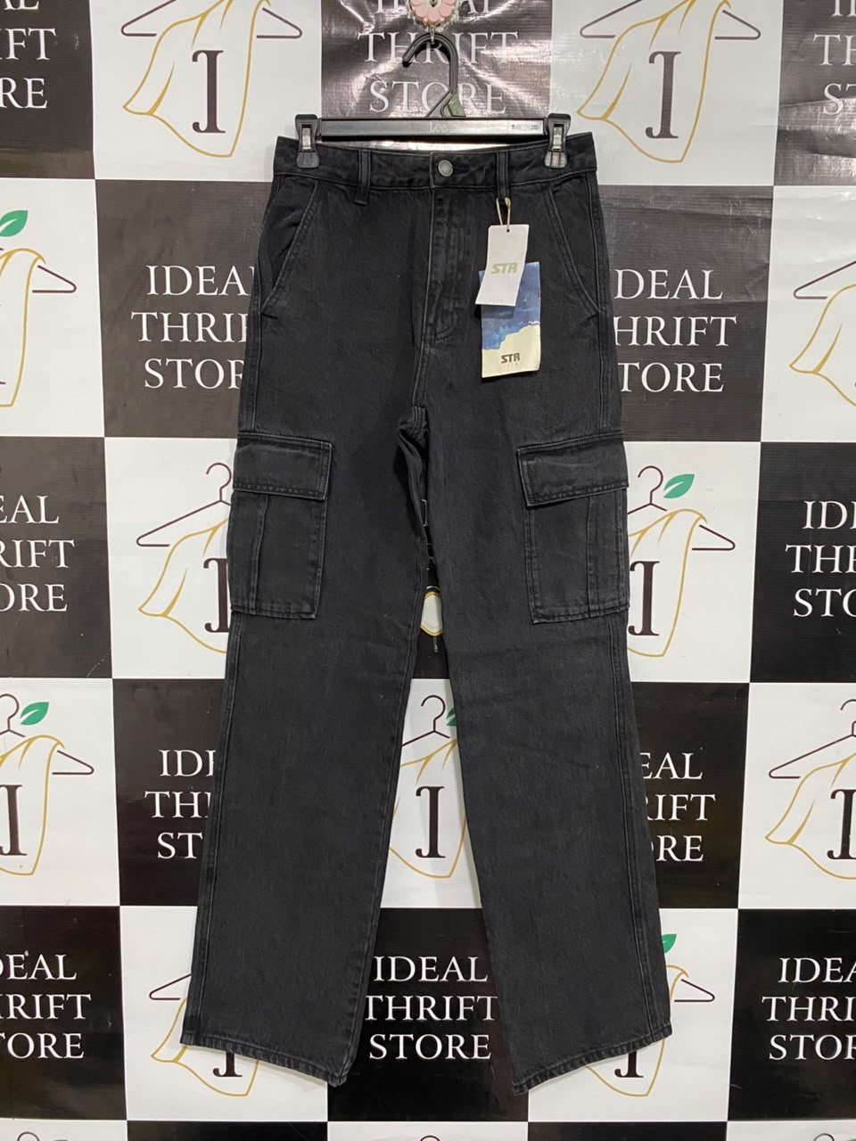 STR |M| WAIST 28| A69|   WASHED BLACK DENIM CARGO TROUSERS