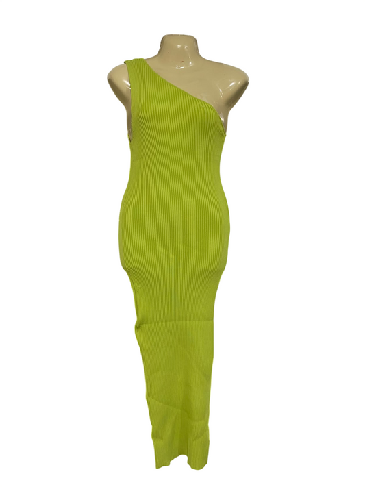 MADISON  |M | BUST 15 | A70| THE LABEL LIME GREEN ONE-SHOULDER RIBBED MIDI DRESS