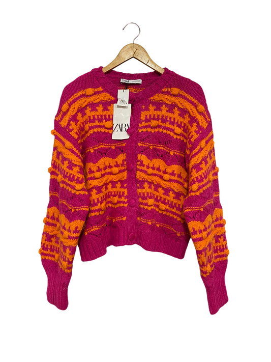 ZARA |L | BUST 23 | A70|  PINK & ORANGE PATTERNED TEXTURED KNIT CARDIGAN