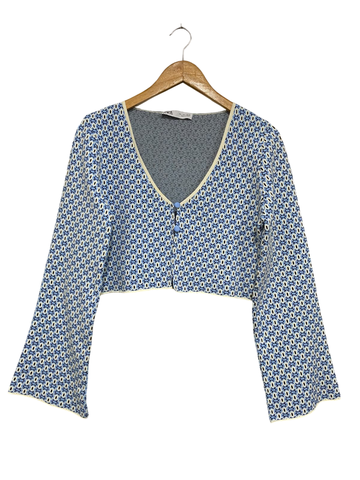 ZARA  | L| BUST 19| A70| BLUE GEOMETRIC PRINT CROP CARDIGAN